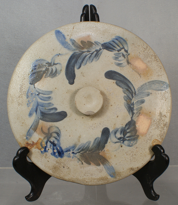 Blue decorated stoneware lid, 12 3/4