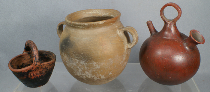 3 pcs glazed pottery, red handled