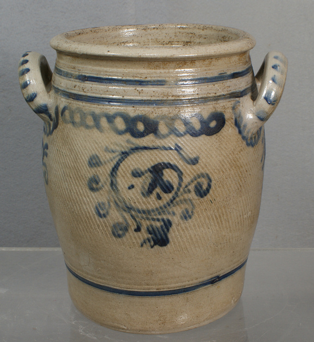 Blue decorated stoneware crock with