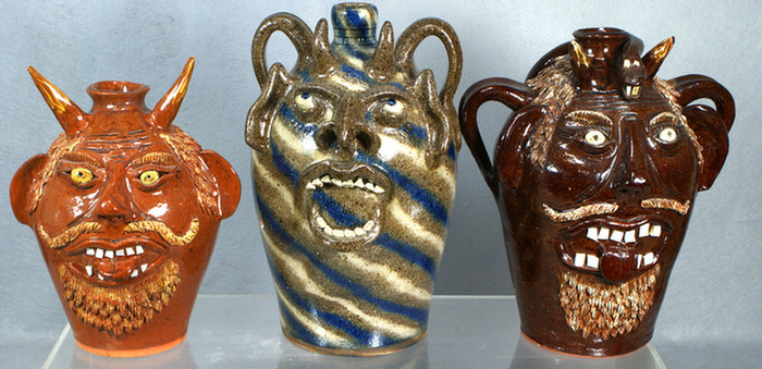 3 NC pottery face jugs, (2) by