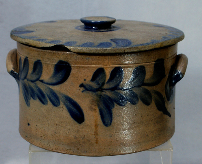 Stoneware butter tub with blue