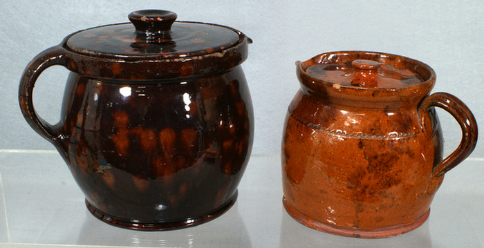2 glazed redware bean pots with manganese