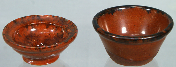 (2) miniature glazed redware bowls,