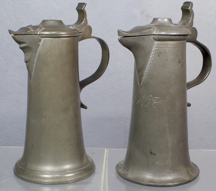 2 German pewter flagons, sparrow beak