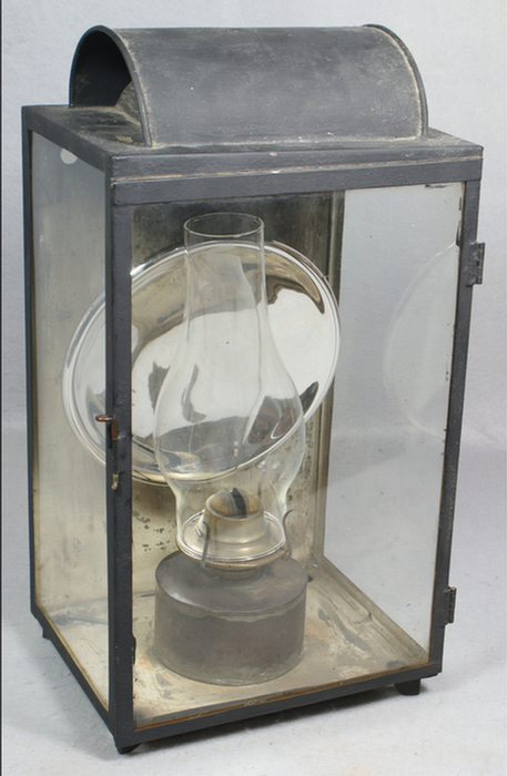 Tin lantern with glass door front,