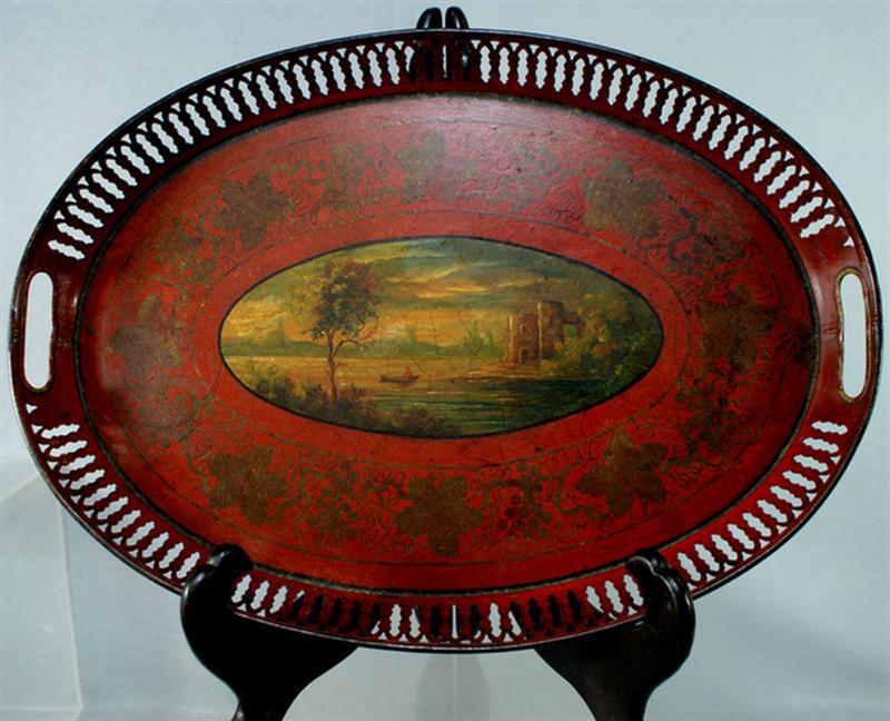 Oval painted tole tray, center