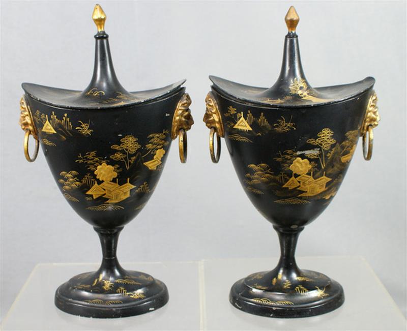 Pr pewter covered urns with chinoiserie 3d8a8