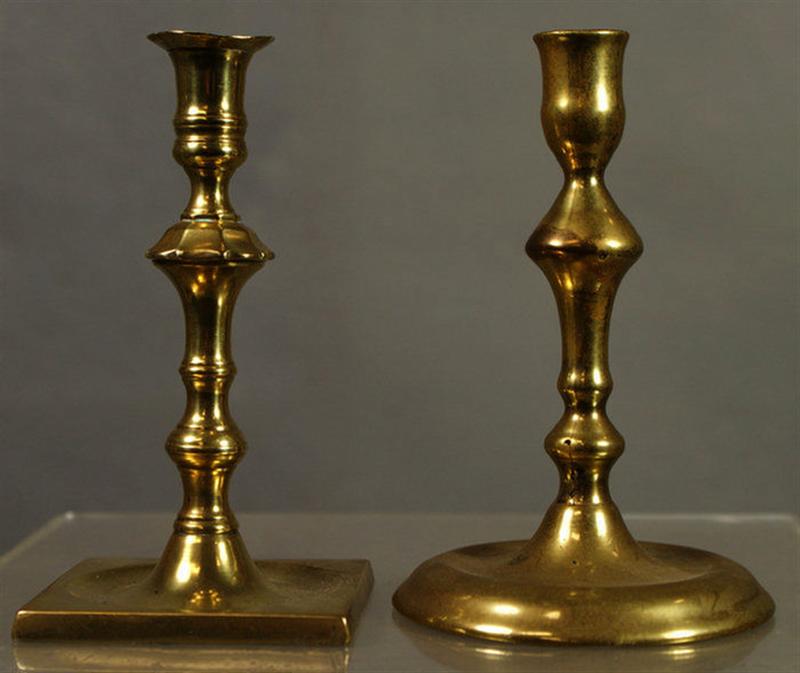 2 early brass saucer base QA candlesticks,