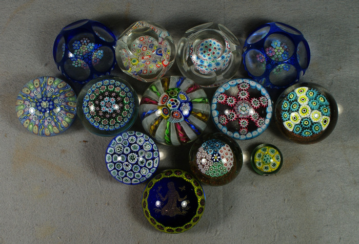 13 millifiori paperweights, 2 blue faceted,