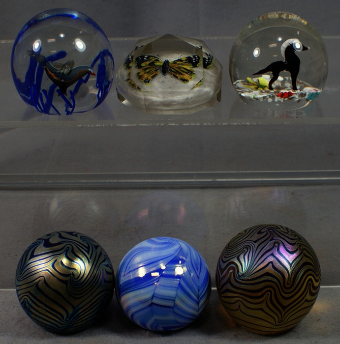 6 blown glass paperweights 3 sulphide  3d9a2