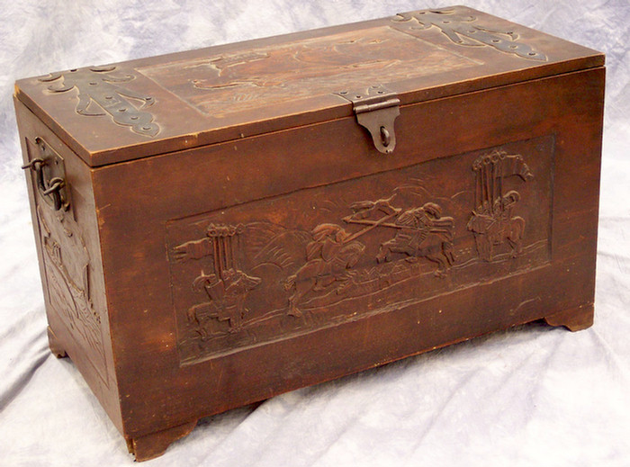 Carved teak lift lid Oriental chest  3d9aa