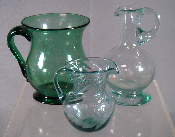 3 blown glass aquamarine pitchers,