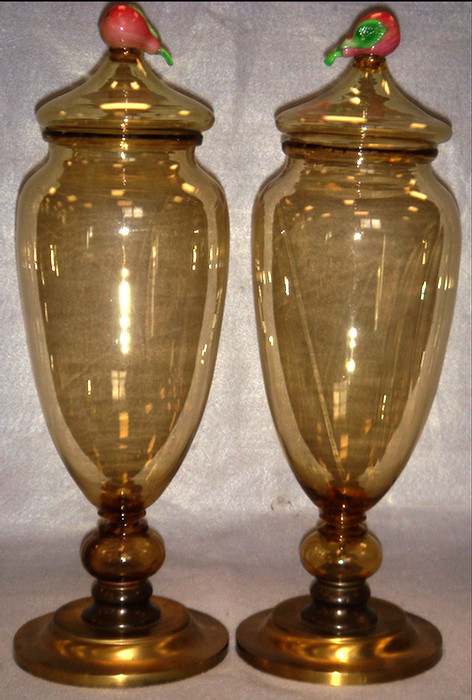Pr amber glass covered jars with