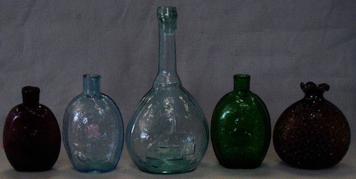 5 colored flasks, aqua Jenny Lind, amethyst