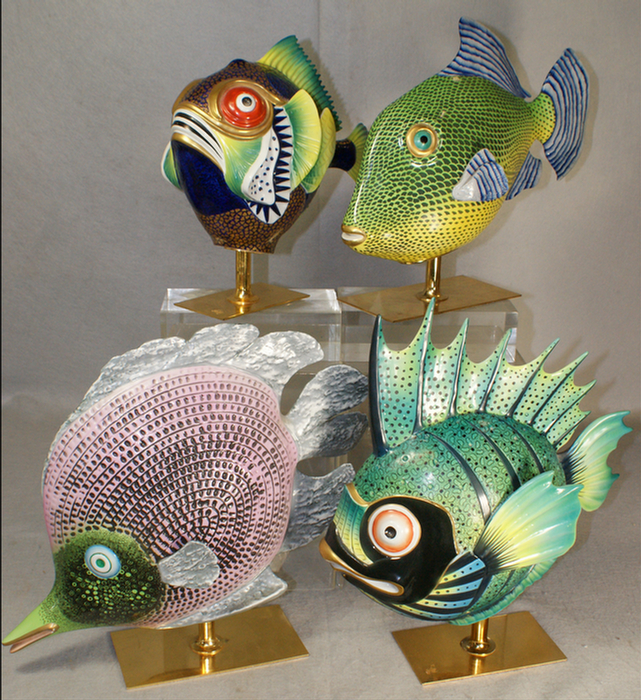 4 handpainted metal tropical fish,