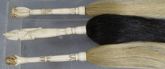 3 carved ivory and horsehair whisks  3d9cd