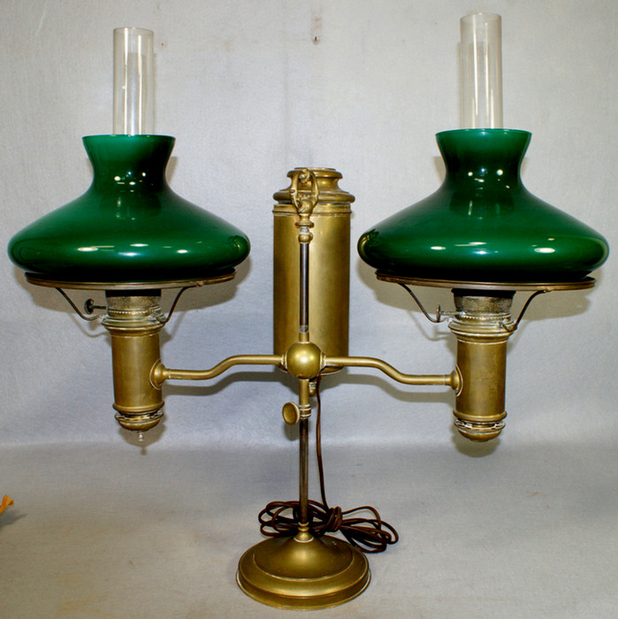 Brass double student lamp, green cased