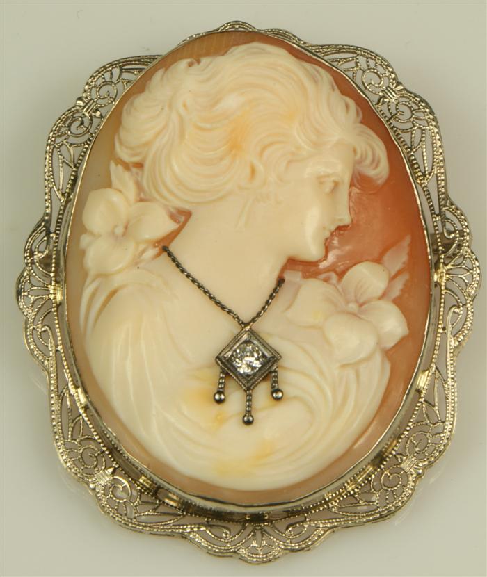 Carved shell cameo portrait pin