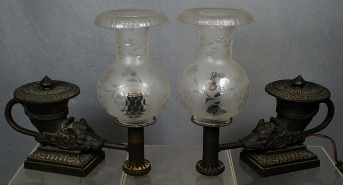 Pr  bronze Argand lamps with boars