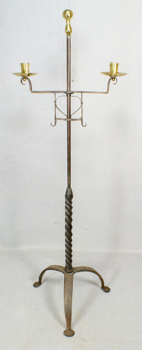 Polished brass and iron floor lamp,