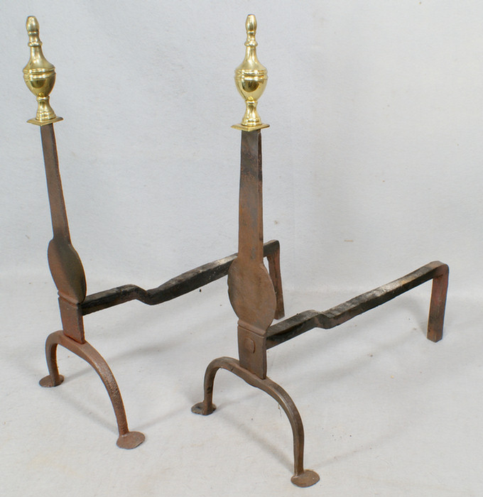 Pr iron and brass andirons 21 1 2  3de7a