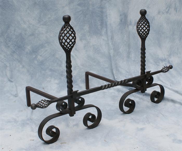 Pr of wrought iron andirons with 3ded6