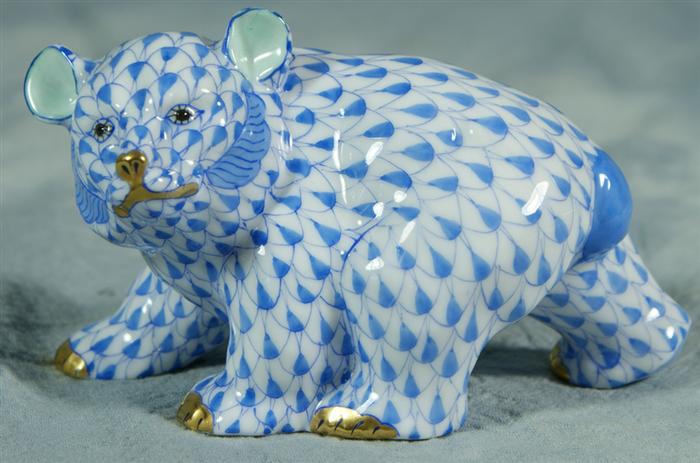 Herend fishnet figurine, blue bear cub,