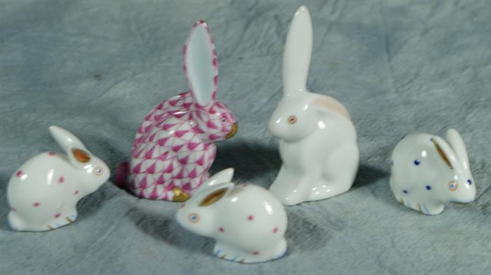Herend figurines, five miniature rabbits,