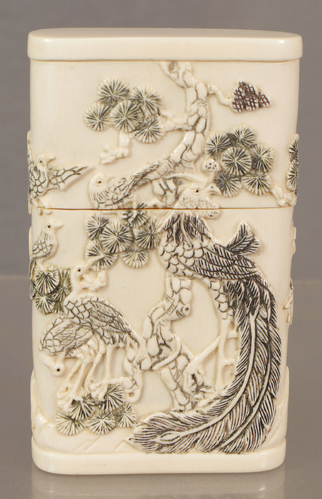 Carved ivory box with exotic birds