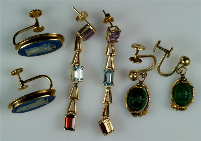 (3) Pr 14K YG earrings, set with