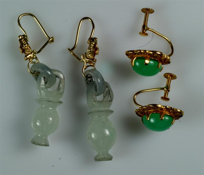 (2) Pr of unmarked YG & jade earrings,
