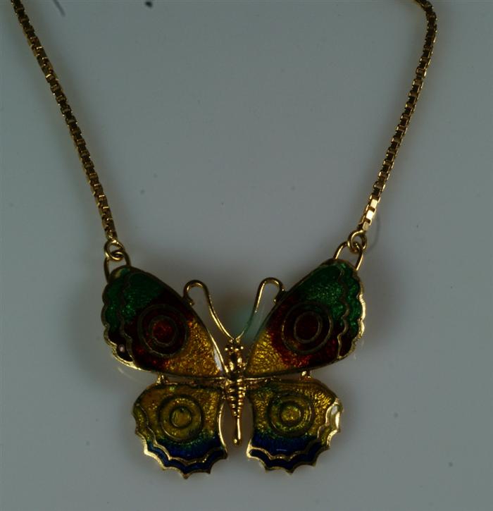 14K YG necklace with enameled butterfly