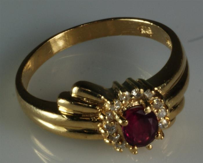 14K YG diamond & ruby ladies ring,