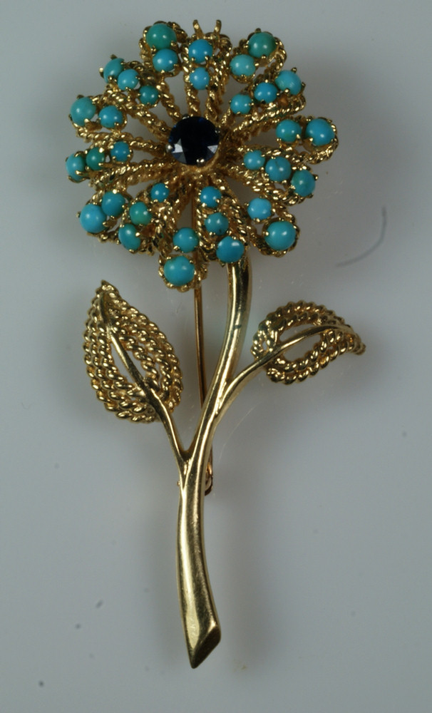 14K YG turquoise sapphire floral 3e300