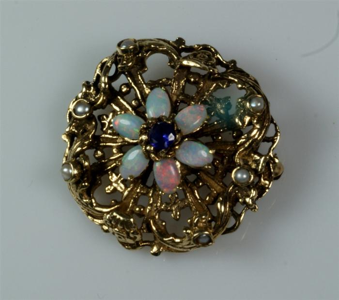 14K YG opal, & sapphire pin, 5.6
