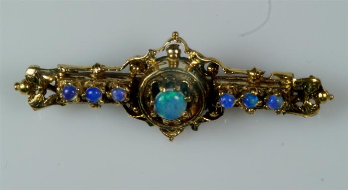 14K YG & opal Etruscan bar pin,