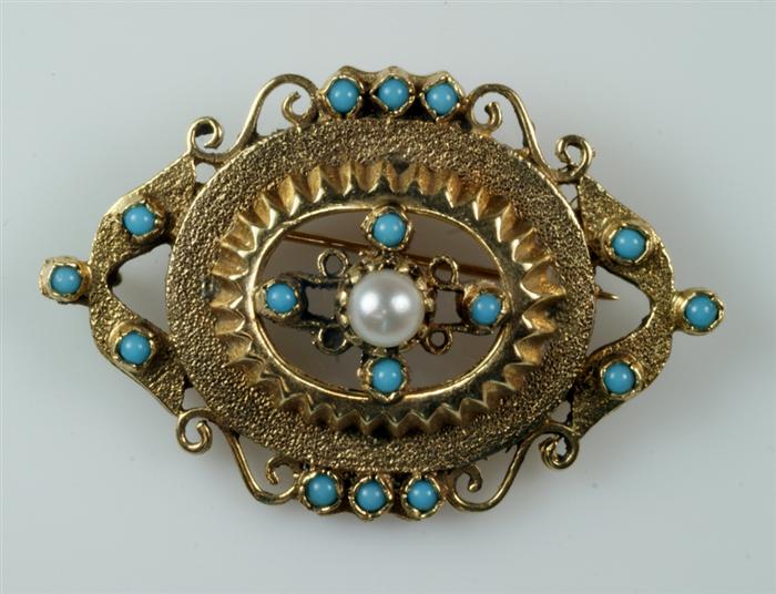 14K YG pearl & turquoise Etruscan