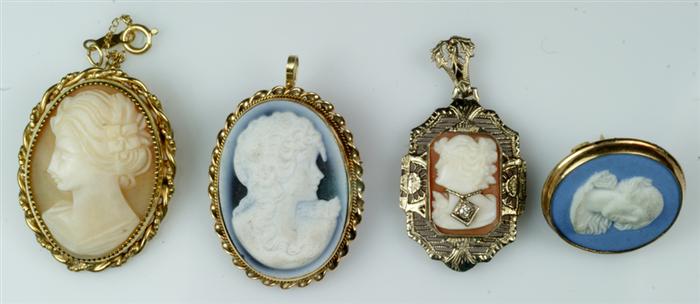 (4) small cameo pins, 1 in marked