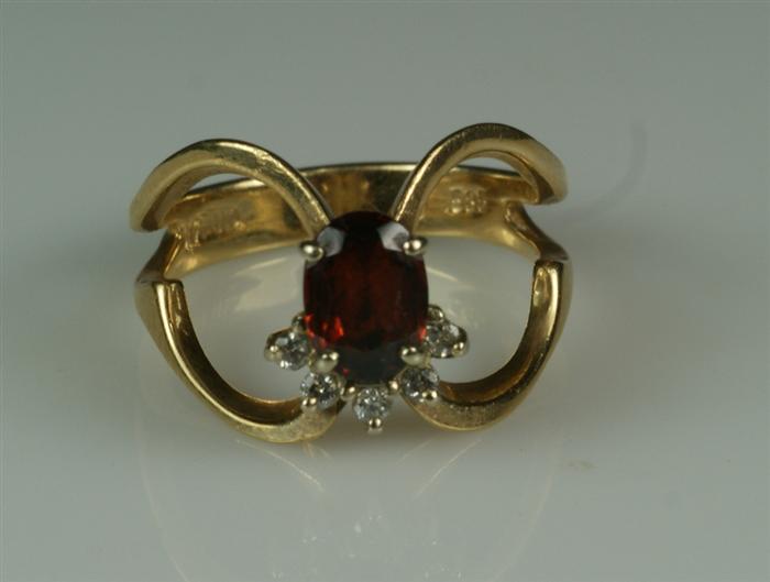 14K YG garnet with diamond ring,