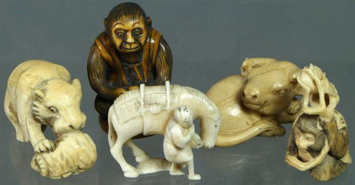 5 carved ivory & other animal netsuke,