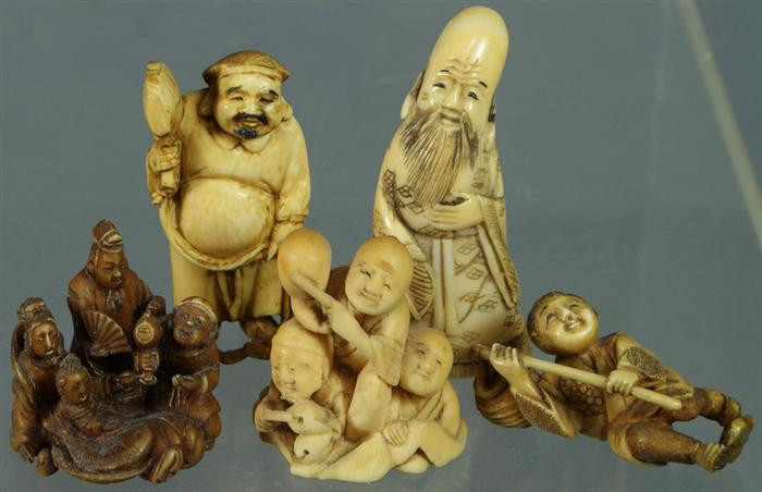5 carved ivory figural netsuke,