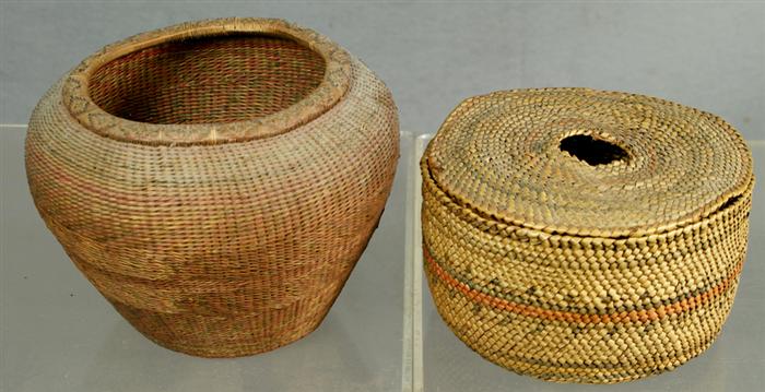 2 Native American round baskets,