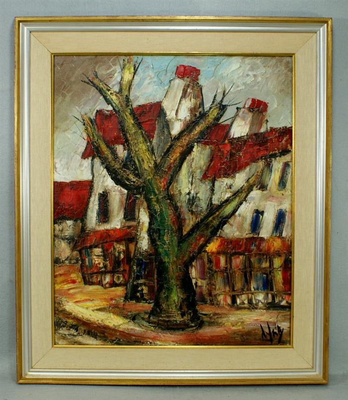 Huty, o/c, Townscape with Tree,