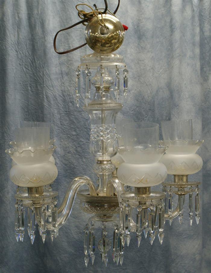 5 arm crystal chandelier, etched shades,