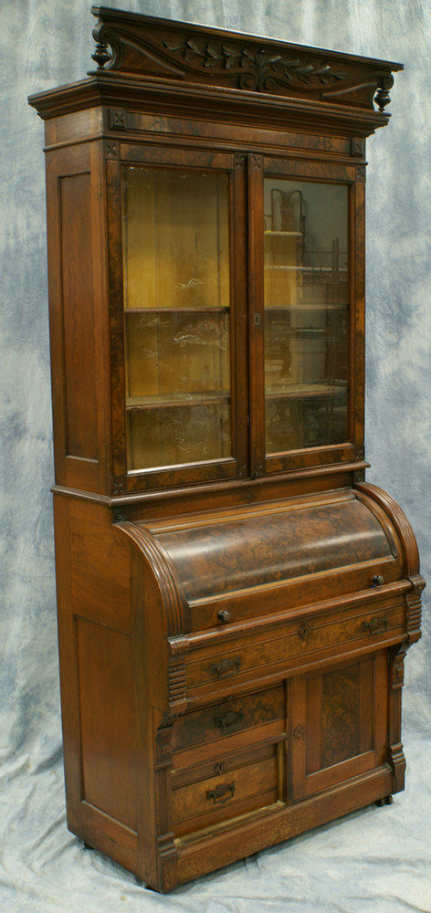 Walnut Victorian cylinder roll secretary