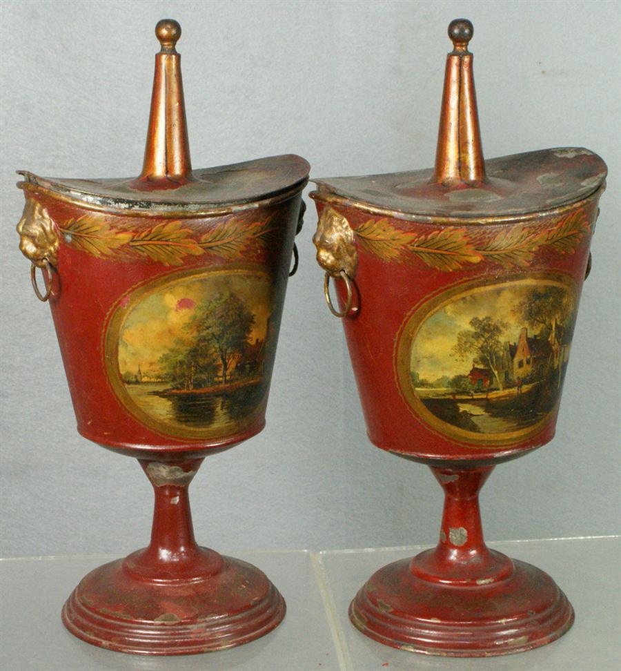 Pr painted toleware covered urns,