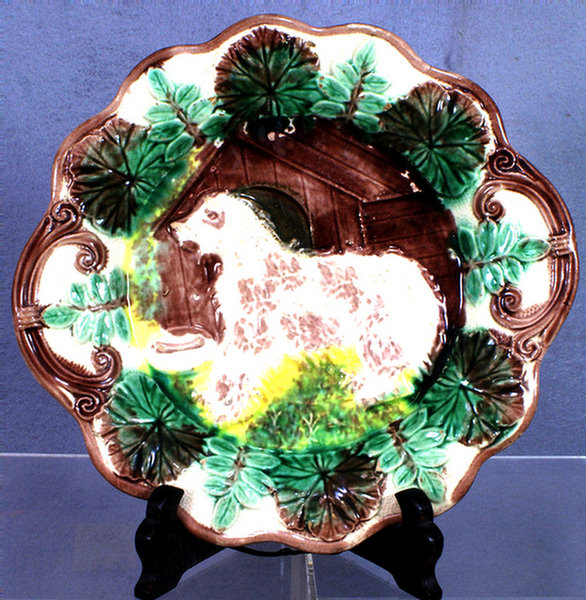 Majolica double handled dog plate, excellent