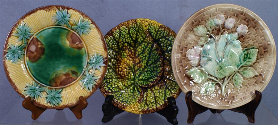 (3) 8 majolica plates, one signed Etruscan,