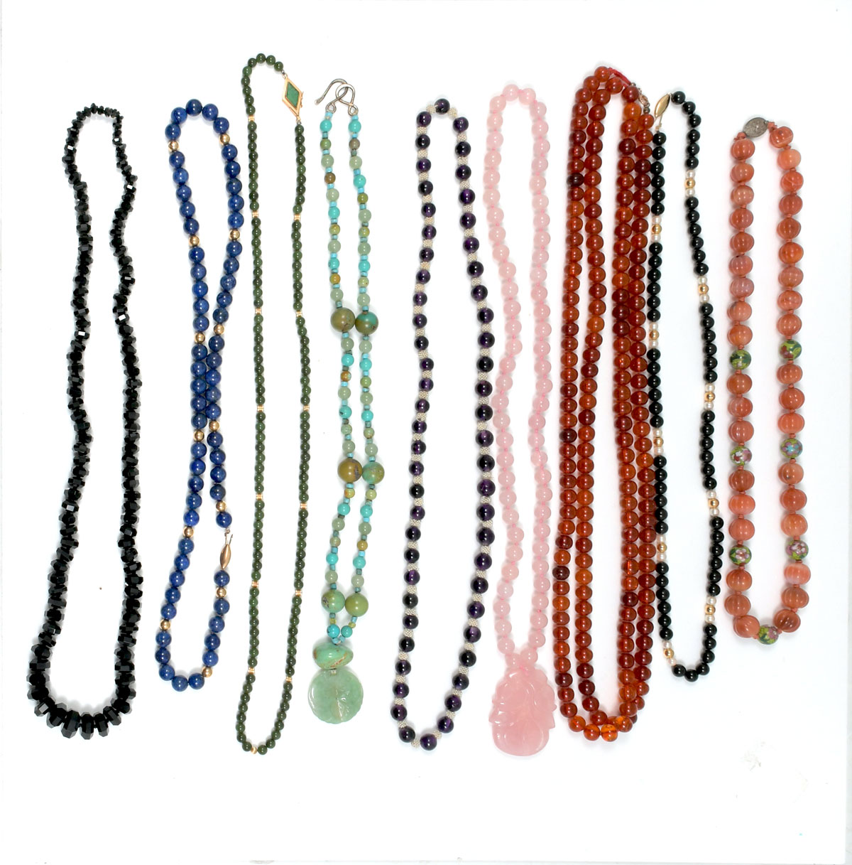 TRAY LOT OF NINE BEADED NECKLACES: