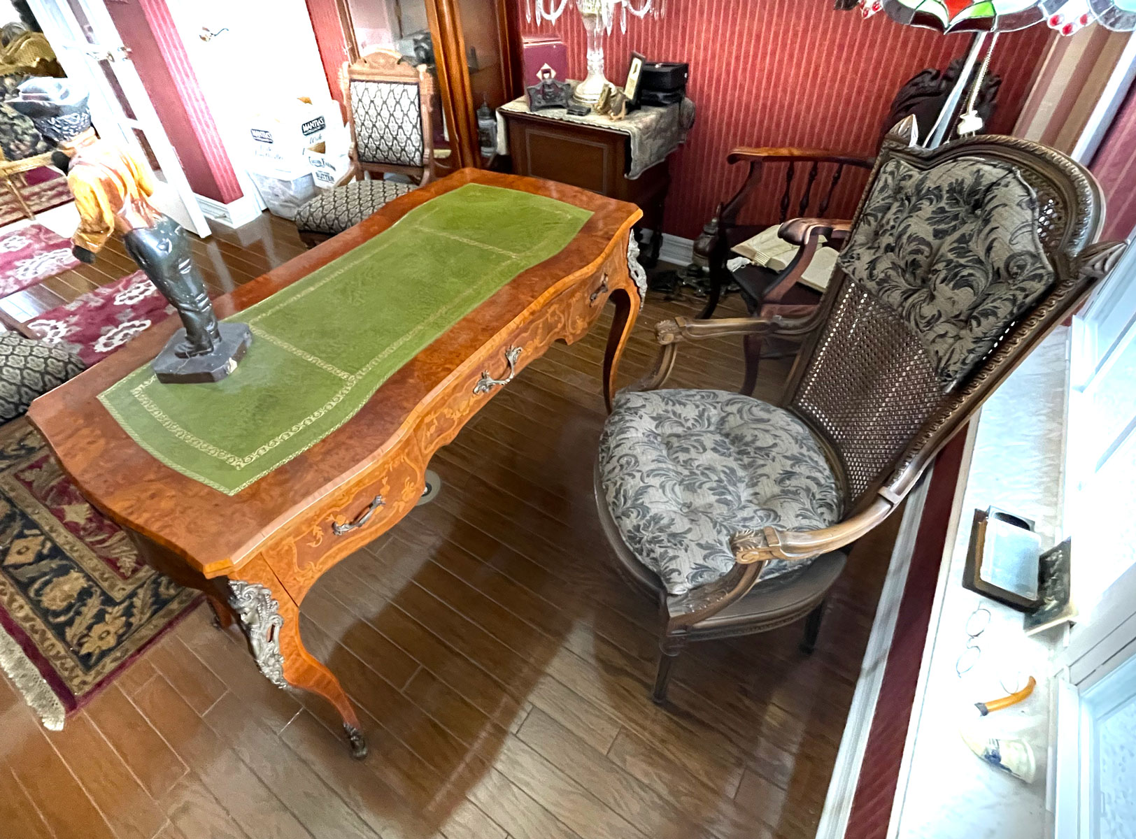 INLAID FRENCH DESK WITH CANE WORK CHAIR